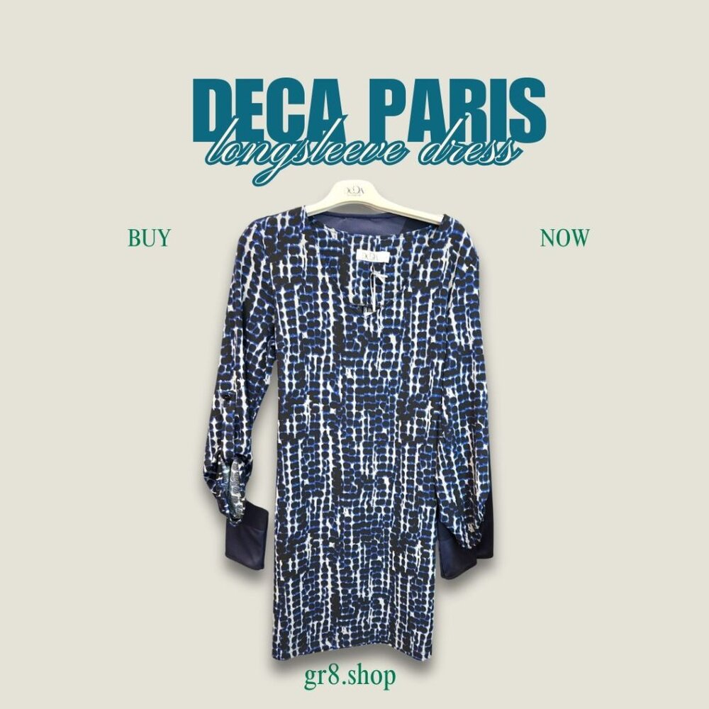 Deca Paris Longsleeve Printed Dress - Abstract Blue & Black Pattern Size S Made
